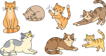 Fototapeta premium Cute Cartoon Cats Playing and Resting Vector Set with Domestic Feline Characters in Different Poses Isolated on White Background.