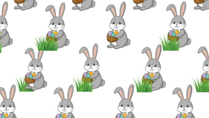 Obraz premium Easter holiday seamless pattern showing cute gray bunnies holding baskets filled with colorful decorated eggs in the green grass on white background.