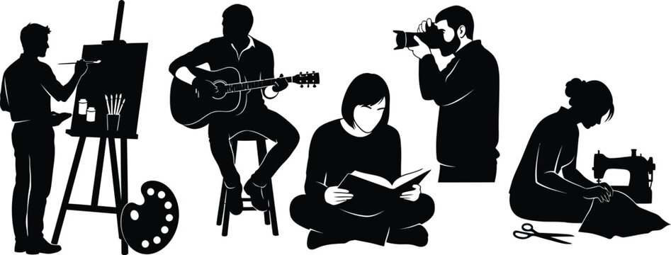Silhouettes of Creative People Painting, Playing Guitar, Reading and Photographing, and Sewing