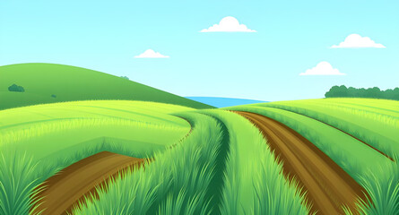 Obraz premium landscape, nature, field, grass, green, meadow, pasture, plain, countryside, rural, outdoor, scenery, horizon, farmland, sky, blue, clouds, cloudscape, daylight, sunlight, sunny, bright, fresh, calm, 