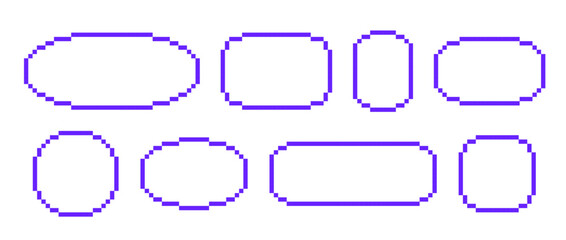 Obraz premium Bright purple pixel text boxes. Empty pixelated frame collection. Retro 8 bit border shape pack for speech chat bubble, message cloud, communication dialog, talk balloon. Vector illustration bundle