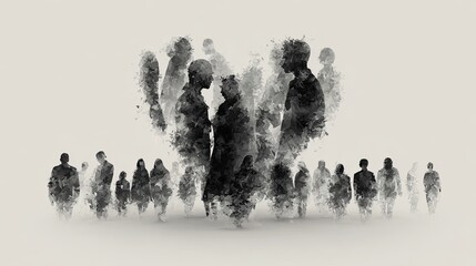 Abstract black and white silhouettes of people in motion, blending with smoky textures, creating a dynamic and mysterious group scene.
