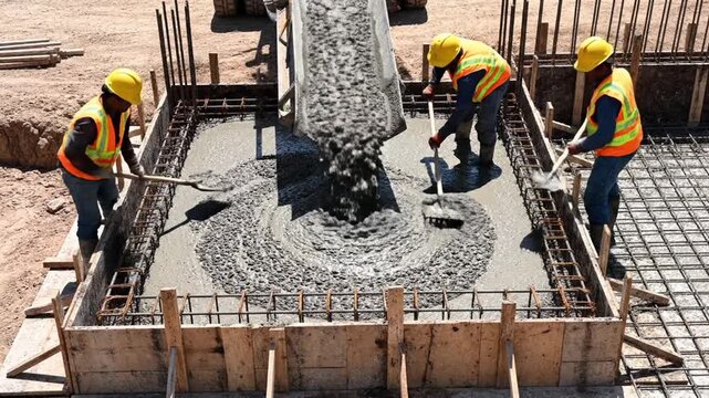 Top view construction scene concrete pouring operation thick gray cement mixture streaming from heavy duty chute into framed foundation mold rough aggregate texture visible natural spreading and level