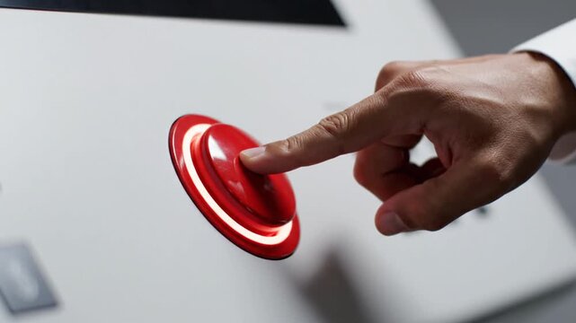 A close-up shot of a finger about to press a large, illuminated red button on a white surface