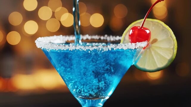 Blue cocktail with lime and cherry