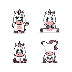Crying cartoon unicorn in different poses with emotional expressions