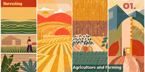 A colorful collage depicting various scenes related to harvesting and farming © Uttam