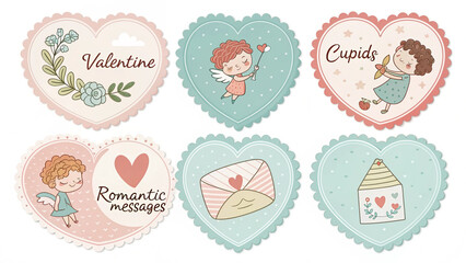 Set of charming Valentine's Day themed labels with cute illustrations of cupids, romantic messages, envelopes, and houses.