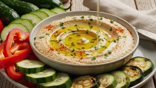 Delicious creamy hummus with olive oil and fresh vegetables on a wooden table.