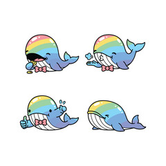 Cute cartoon whales with rainbow colors and bow ties in various poses