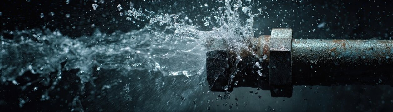 Water forcefully sprays from a broken or leaking pipe joint against a dark background.