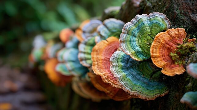 Colorful shelf fungi grow in layers on a tree trunk, displaying vibrant blue, green, orange, and brown concentric rings in a natural forest setting.