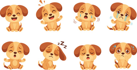Fototapeta premium Cute Puppy Dog Emotions Vector Collection with Cartoon Canine Expressions Showing Happy Crying Sleeping and Nervous Faces Isolated on White Background.