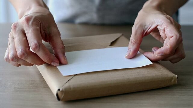 Opening a brown paper package with care and revealing its contents on a wooden table at home