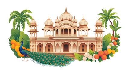 Mughal Pichwai Garden.Vector illustration of temple, pillar arch, tropical plant, peacock, elephant, flower frame, border for greeting card, flyer, poster or background. Indian Wedding Invitation.