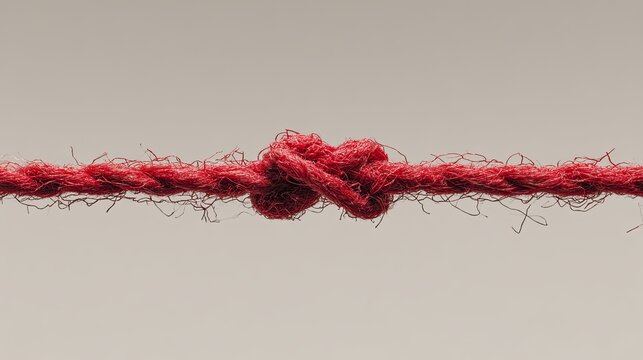 Close-up of a red twisted rope tied in a knot against a neutral background.