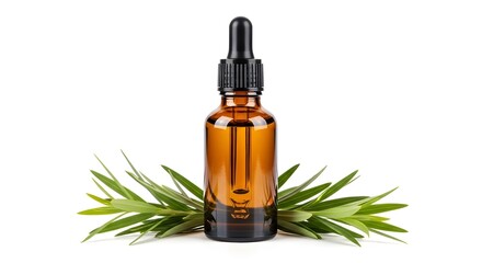 Fototapeta premium Clean editorial product shot of a small transparent oil bottle with clear liquid