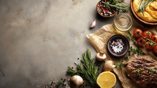 Table with a variety of food items including meat, vegetables, and spices. The table is set for a meal and the food items are arranged in a visually appealing manner