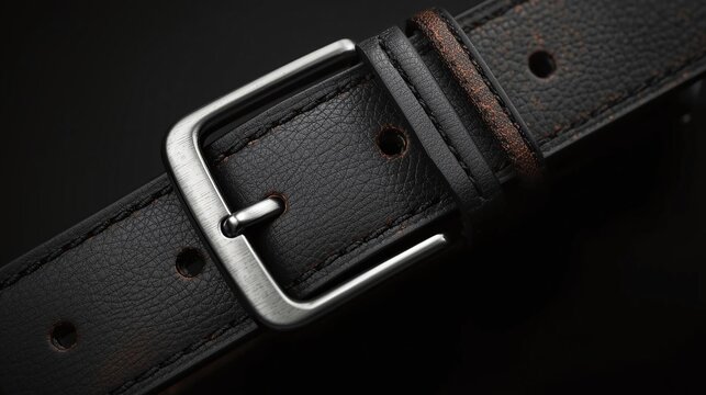 Close-up of a black leather belt with a silver buckle, dark background