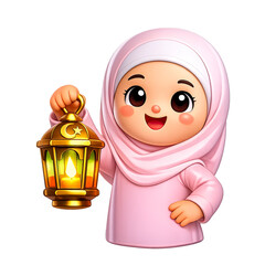 Girl in white holding a ramadan lantern.