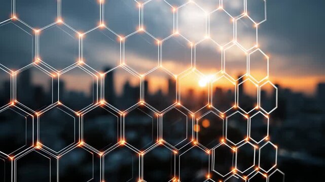 Glowing hexagonal grid overlay on blurred cityscape at sunset with bright orange light