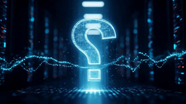 Glowing Digital Question Mark Emerging from Futuristic Data Stream - Technology Concept