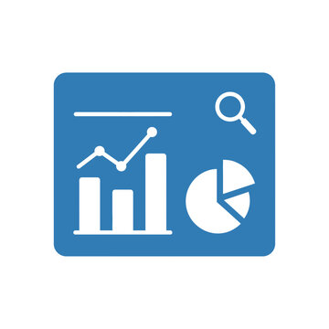 Blue icon featuring bar chart, line graph, and pie chart with magnifying glass.