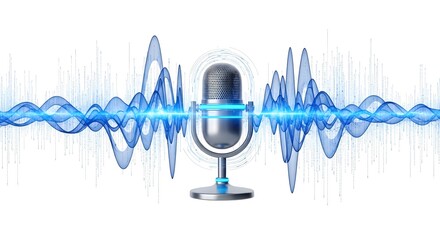 Microphone with Blue Sound Wave Visualization