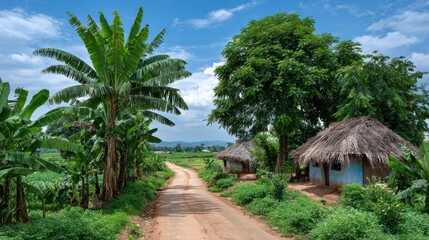 A dirt road winds through a rural landscape past huts and banana trees under a blue sky