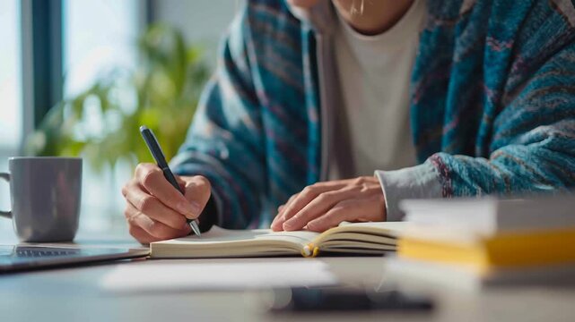A man is writing in a notebook with a pen. He is sitting at a desk. Person reviewing notes with relaxed posture and clear desk, intentional focus, productivity without stress, lifestyle editorial look