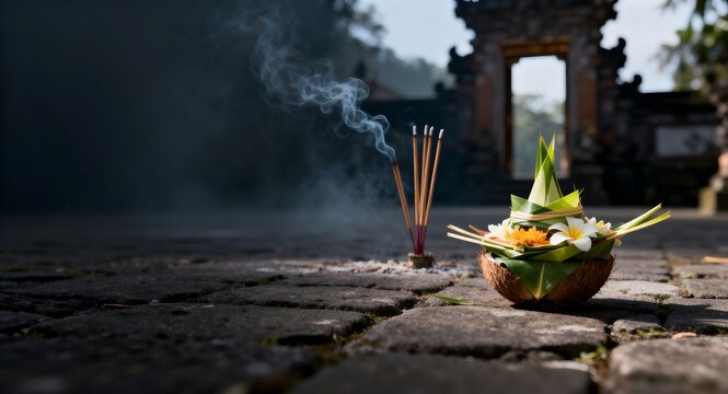 Balinese Temple Gate at Sunrise with Traditional Offering During Nyepi
