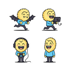 Cartoon character expressing joy and music in various poses with copy space