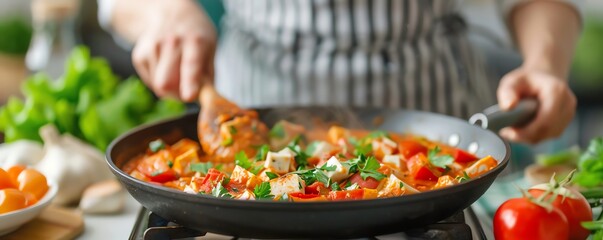 Person cooking colorful vegetables and tofu in frying pan, representing healthy homemade meals, vegetarian cuisine, and fresh ingredient preparation.