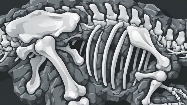Black and white illustration depicts a dinosaur skeleton, bones are in contrast with the rock texture