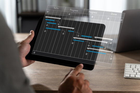Project planning concept with timeline bars and progress columns manager reviews tasks, deadlines, and workflow status project management dashboard