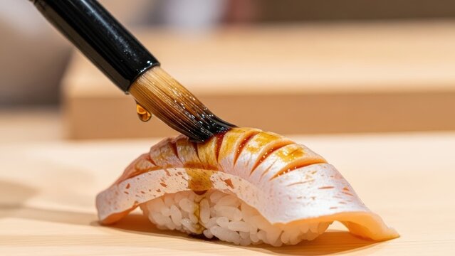 The moment applying the neta (topping) to sushi with a brush of nikiri sauce. A fine saibashi brush glazes a piece of hamachi with a thin, glossy layer of sweetened soy reduction.