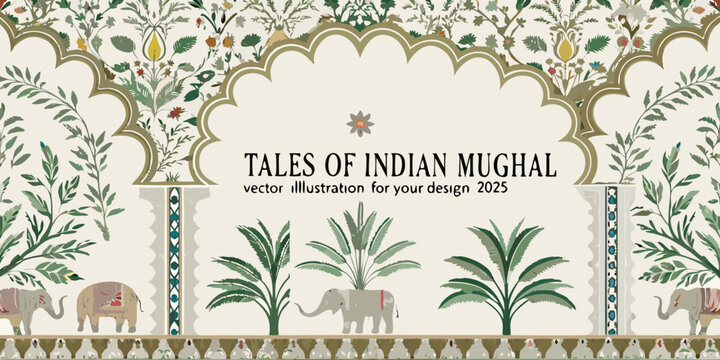 Detailed illustration of an indian mughal archway with floral and animal motifs