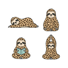 Cute cartoon sloth illustrations in leopard print on white background