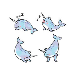 Cute cartoon narwhals in different poses and emotions on white background © Masuk Sat