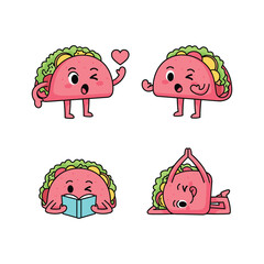 Cartoon tacos with different emotions and actions in a playful style