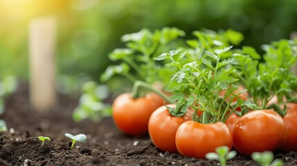 Bright red tomatoes growing in garden soil with green leaves, symbolizing organic farming, fresh produce, and healthy nutrition concept.