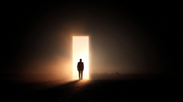 A lone figure walks toward a glowing open door in darkness, symbolizing hope, opportunity, and new beginnings.