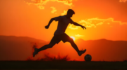 Silhouette of Soccer Player Kicking Ball at Golden Hour Sunset with Mountain Backdrop