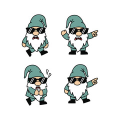 Cartoon gnomes in sunglasses gesturing and pointing in different poses with copy space