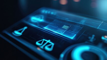 Fototapeta premium An abstract representation of the legal system, with luminous technology interface displaying key aspects. ..Created with Generative AI, not depicting real subjects.