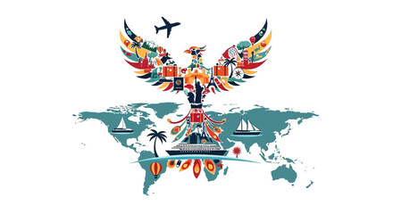 Illustration of a colorful bird in flight over a stylized world map with icons representing travel and tourism on Global Tourism Resilience Day, symbolizing a comeback in a vibrant and