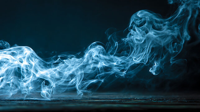 Blue Smoke Swirling Over Dark Wood Surface wisps ethereal