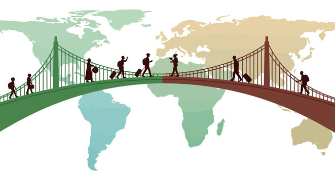 Illustration of a globe with a bridge connecting continents, symbolizing global tourism resilience and travel comeback, with people walking towards a brighter future.