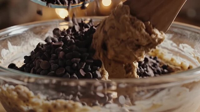 Chocolate chips pouring into cookie dough in glass bowl