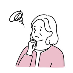 シンプル線画　顎に手をあてているシニアの女性　困惑